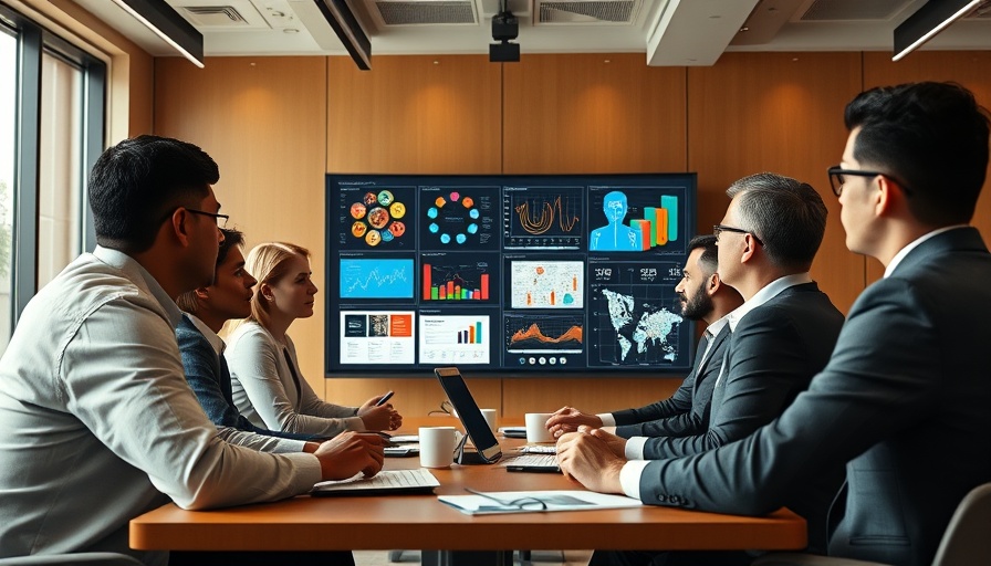 Professionals discussing data in a business meeting room.