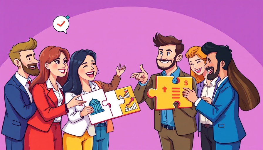 Colorful cartoon of professionals with business icons, client profile templates for business growth.