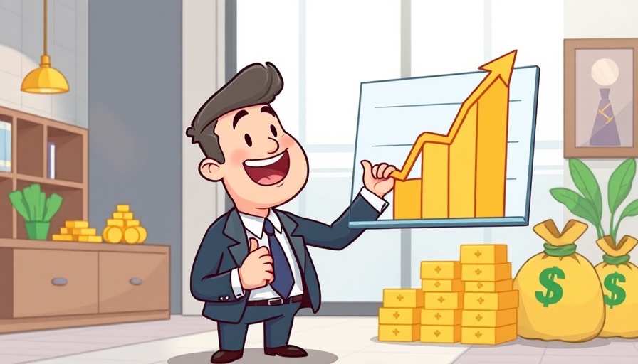 Cartoon businessman with graph showing growth, AI sales tools theme.