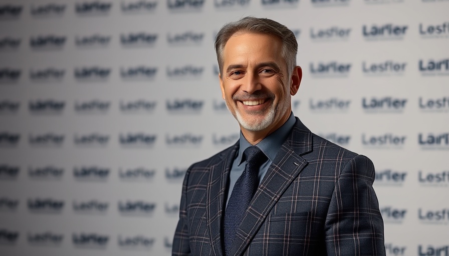 Confident entrepreneur posing against a branded backdrop
