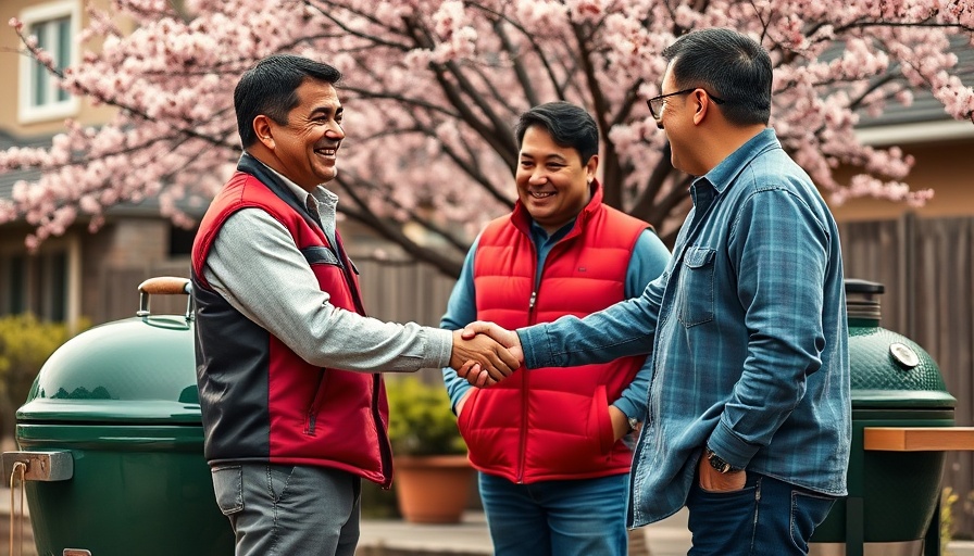 Storytelling marketing: friendly handshake by outdoor grill.