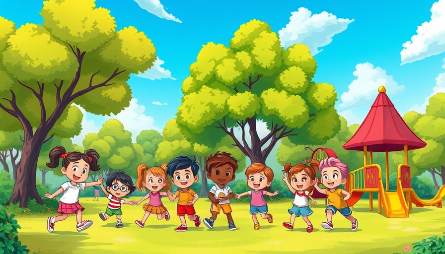 Illustrated cartoon characters in vibrant park setting.