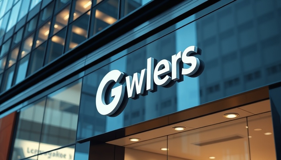 Corporate building with bold logo reflecting urban landscape.