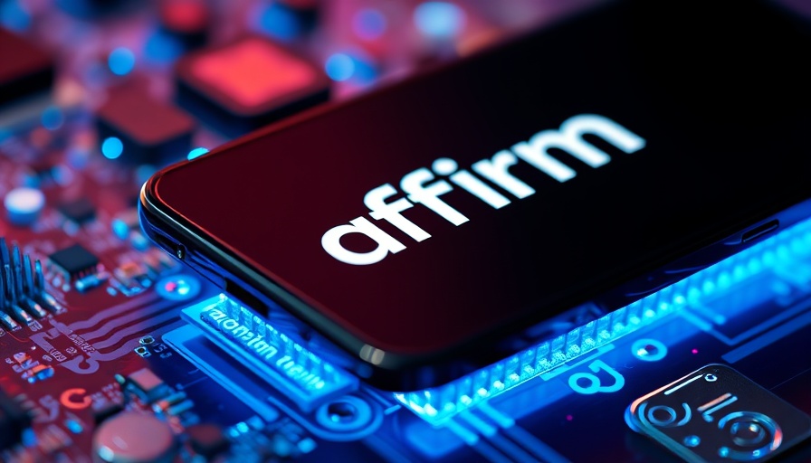 Affirm logo on smartphone against blue-lit motherboard, fintech trends.