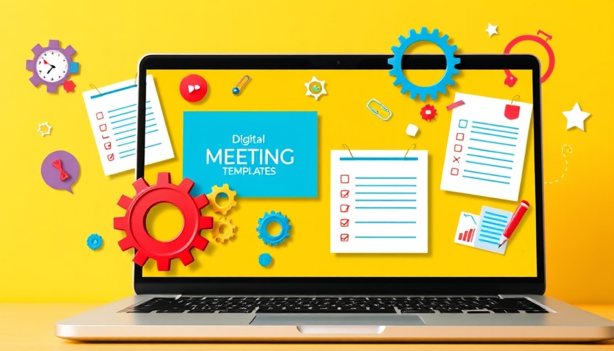 Colorful digital templates on a laptop screen with yellow background for Monday.com Meeting Agenda Templates.