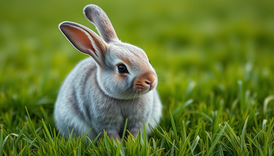 Gray rabbit sitting in grass, photorealistic detail.