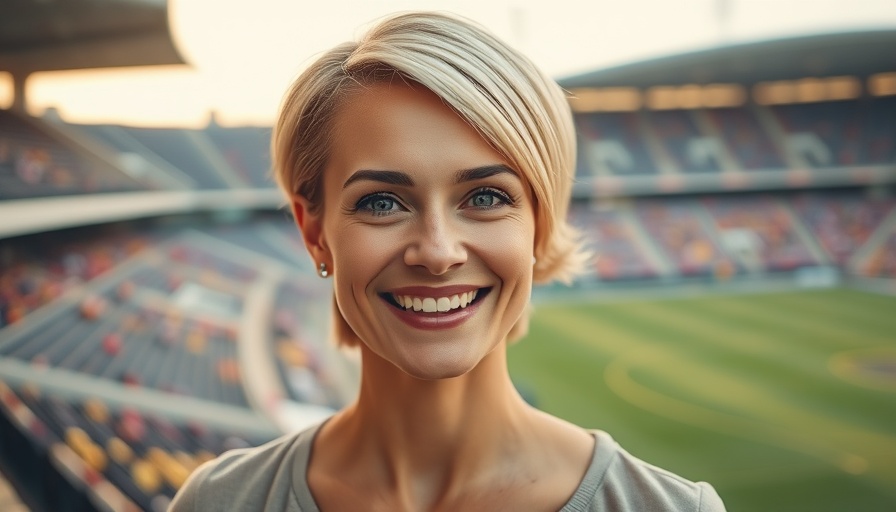 Confident woman in stadium setting to attract advertising dollars.