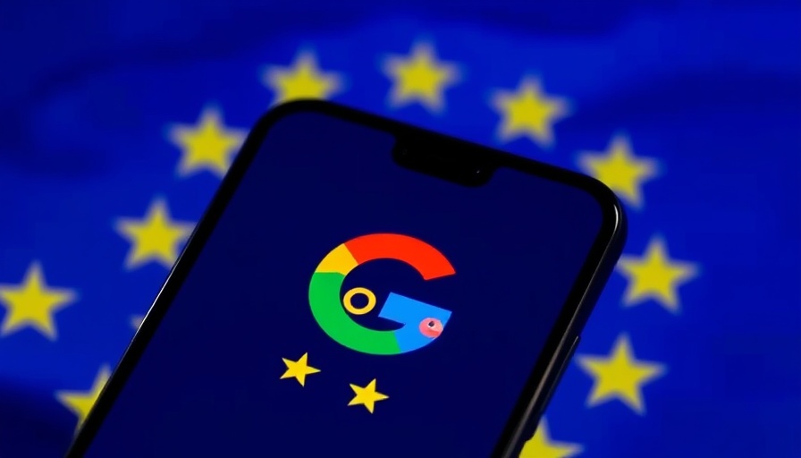 Google logo on smartphone, EU stars behind; European Commission penalties Google AdTech.