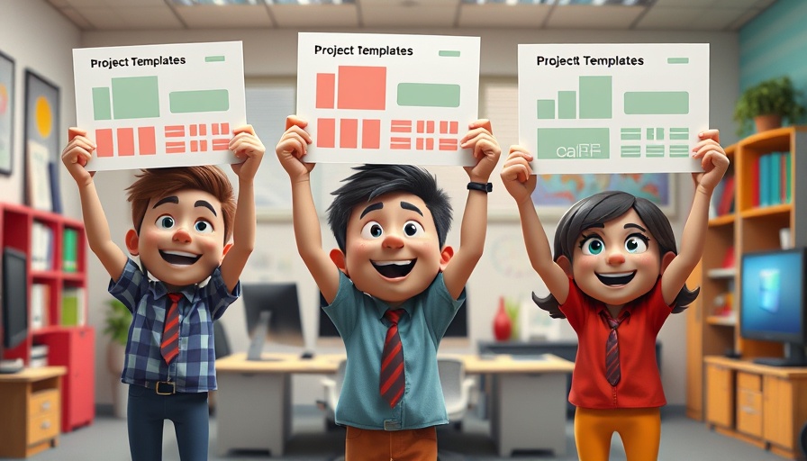Cartoon characters displaying project templates in a colorful office.