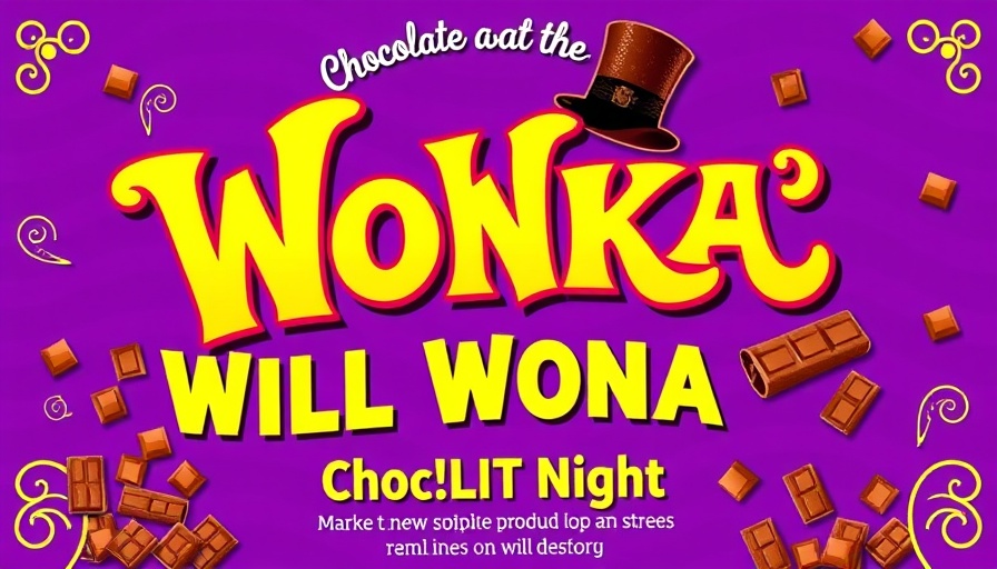 Colorful Willy Wonka chocolate events poster with chocolate bars.