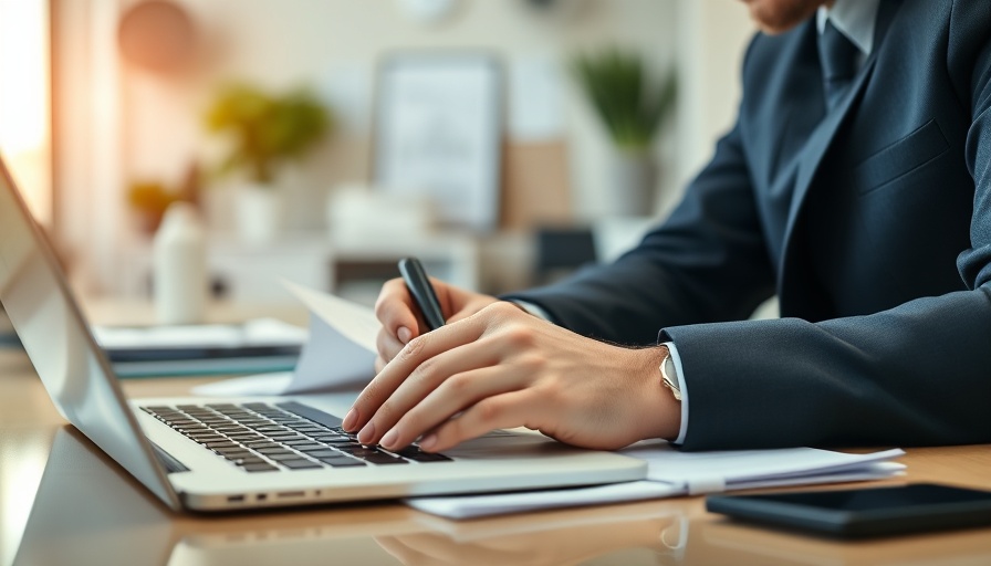Business professional reviewing plan examples on laptop in office.