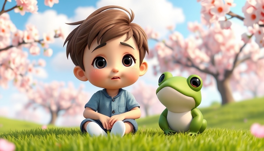 Cute cartoon of the 'Eat the Frog' technique with a young person and frog under cherry blossoms.