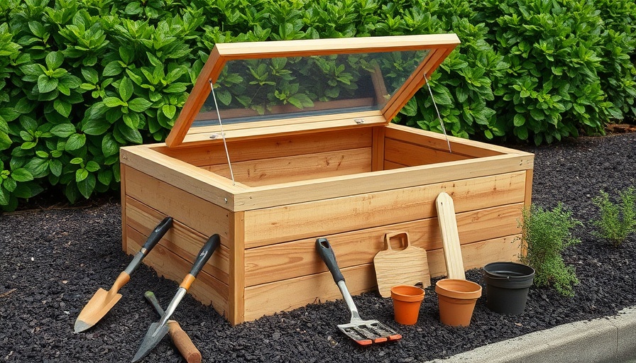 Wooden cold frame in a garden with tools.