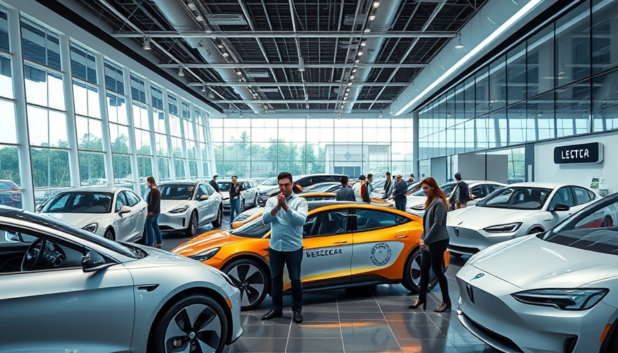 EV deals surge with customers at electric car dealership.
