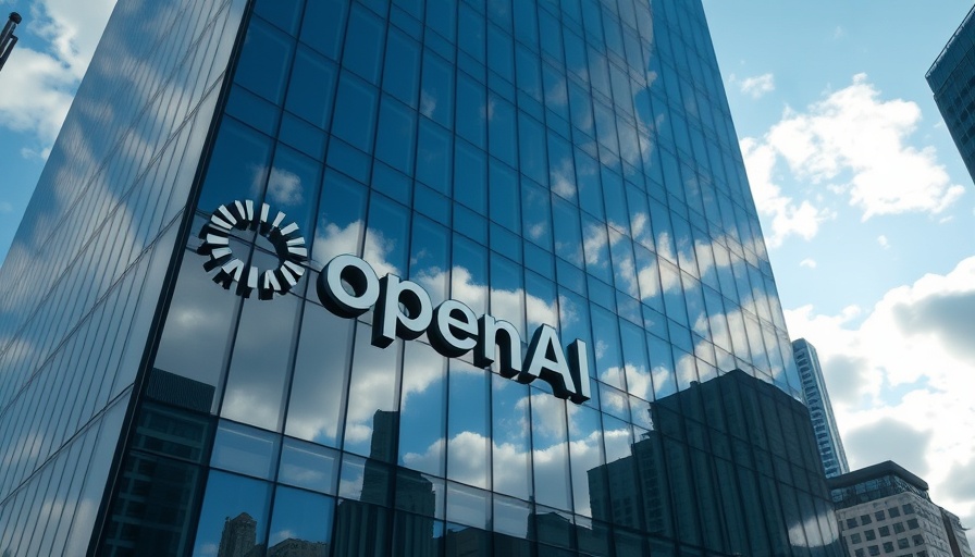 OpenAI logo on glass building reflecting sky, indicating presence.