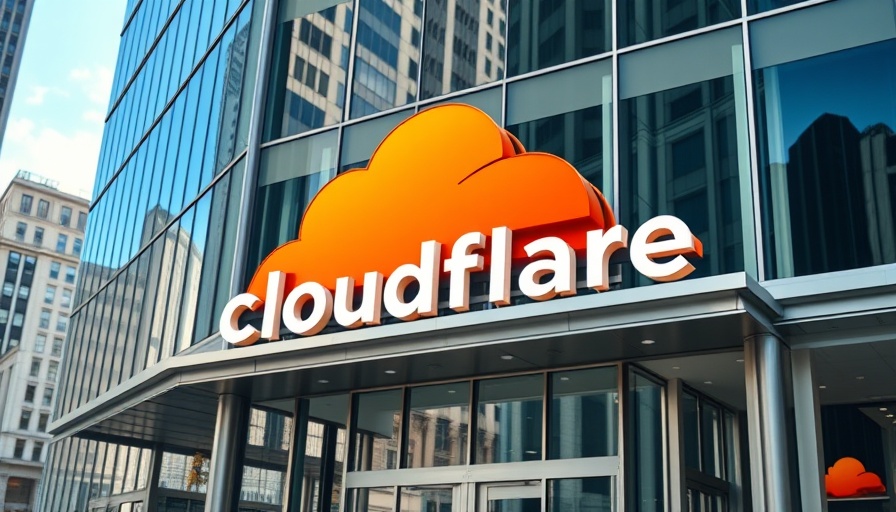 Modern office building showcasing Cloudflare logo.