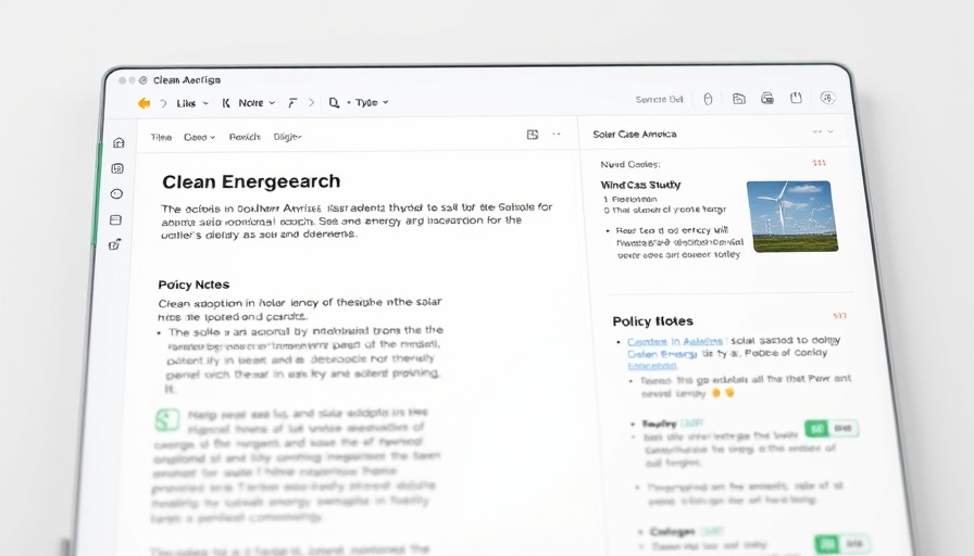Digital note-taking interface showcasing clean energy research projects.