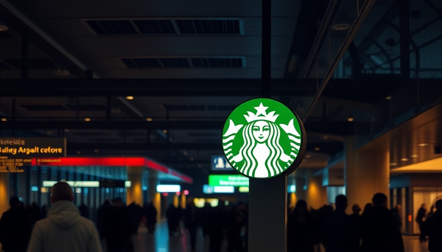 Illuminated Starbucks sign in dimly lit airport terminal.