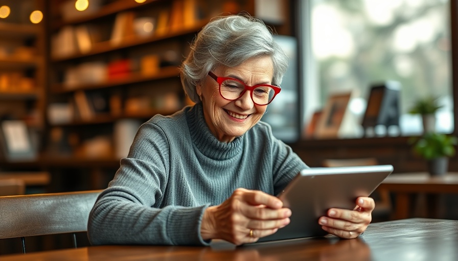 Smiling elderly woman in cafe using tablet, Baby Boomers Wealth Divide theme.