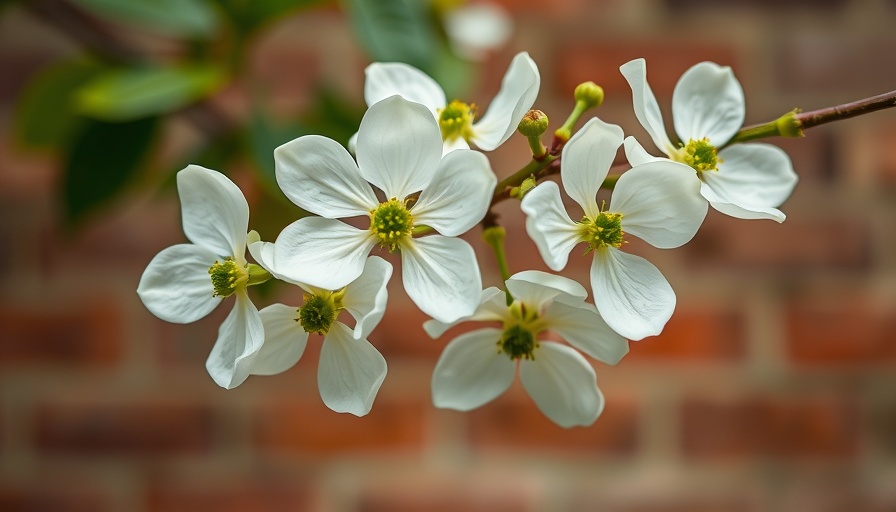 Branch of white dogwood flowers in soft focus.
