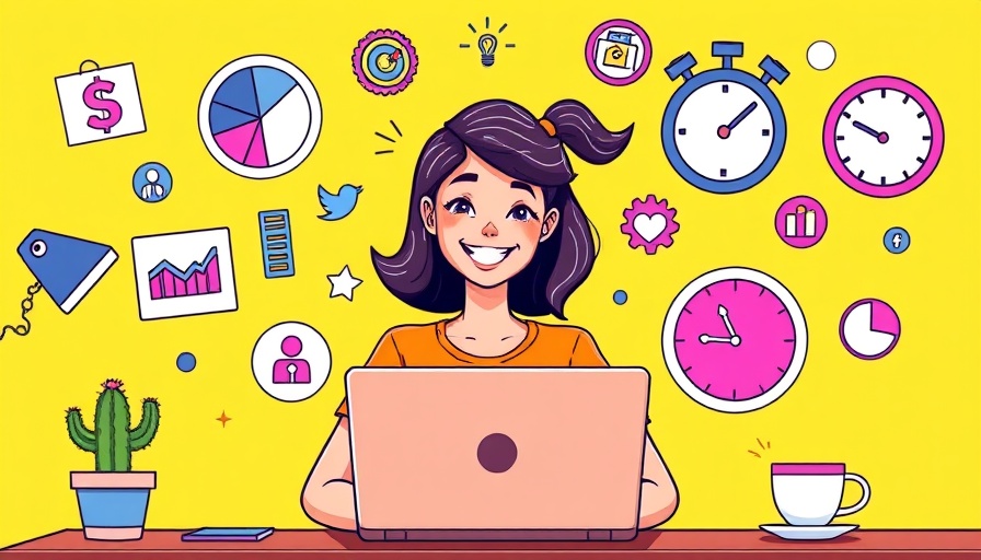 Cartoon of woman using laptop with affiliate marketing icons - AI Tools for Affiliate Marketing.