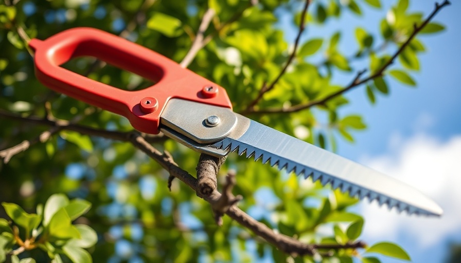 Eco-friendly red pruning saw trimming branch in sunny garden