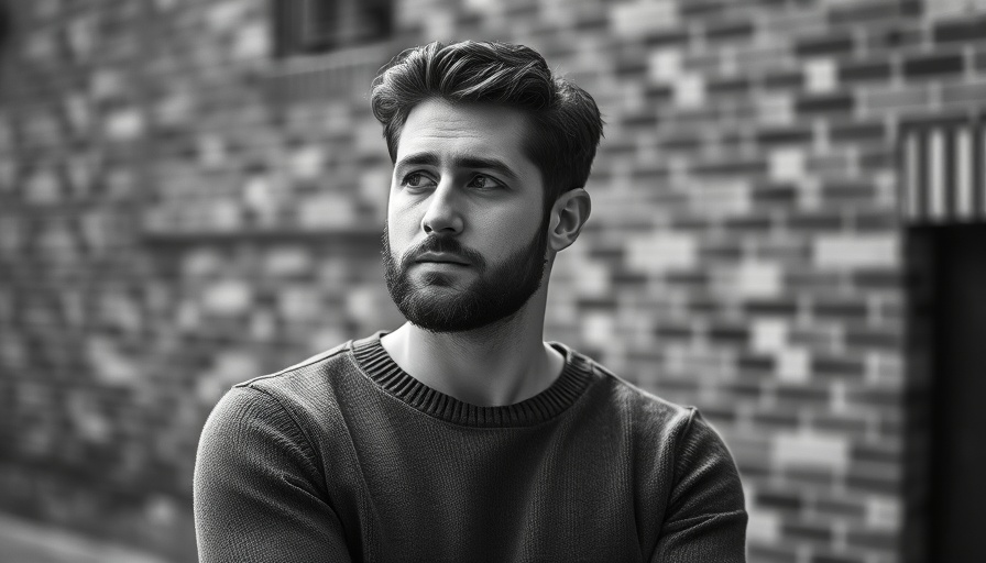 Thoughtful man in monochrome setting poses, predicting trends.