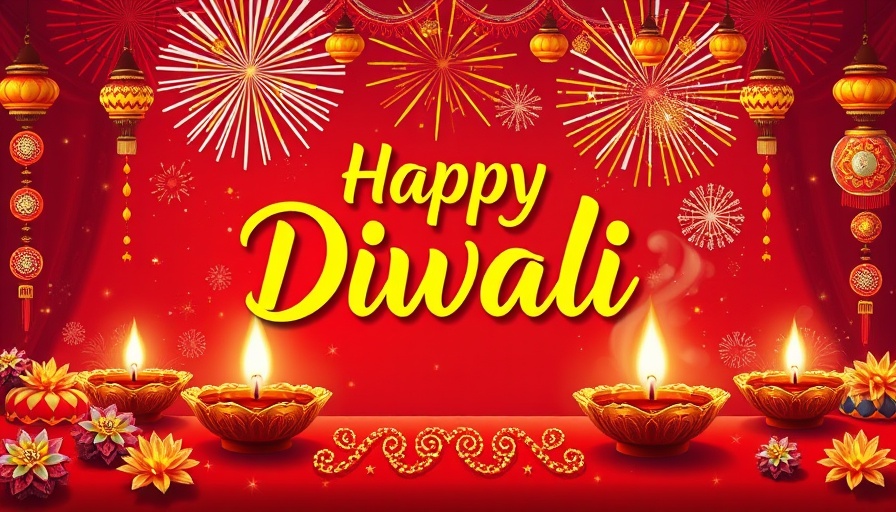 Colorful 'Happy Diwali' illustration with decorations and fireworks against a red background.