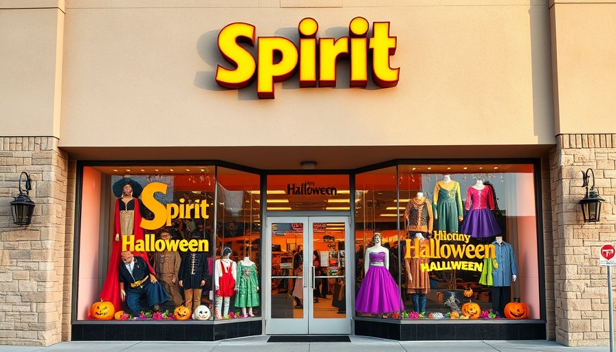 Front of Spirit Halloween store in Triangle with bright displays.