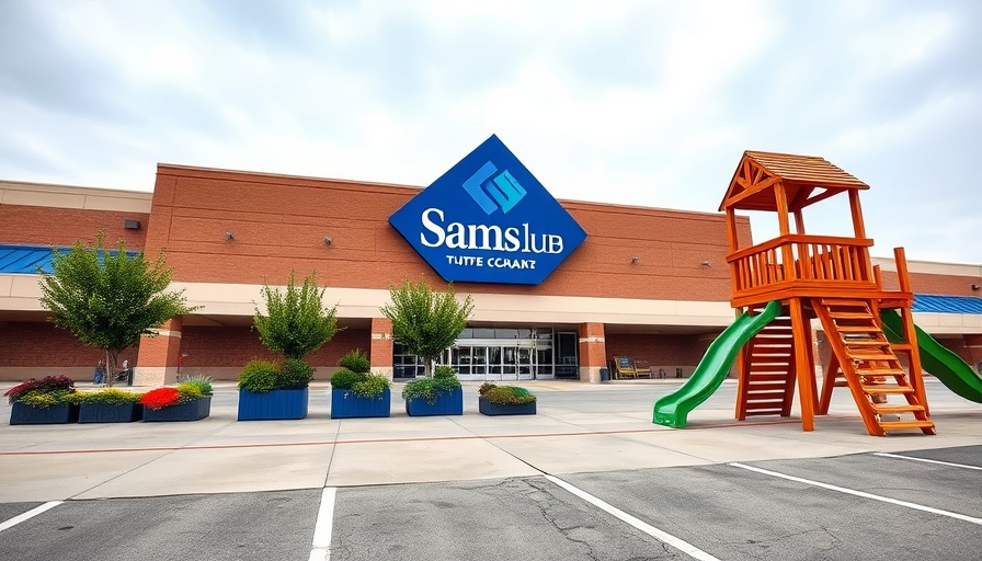 Sam's Club entrance with outdoor foliage display and play area - Membership savings.