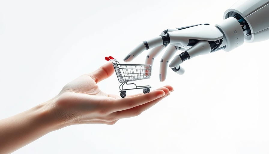Human and robotic hand with shopping cart, showcasing generative AI in shopping