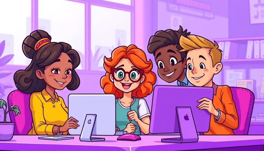 Cartoon illustration of team collaboration at a computer in an office.