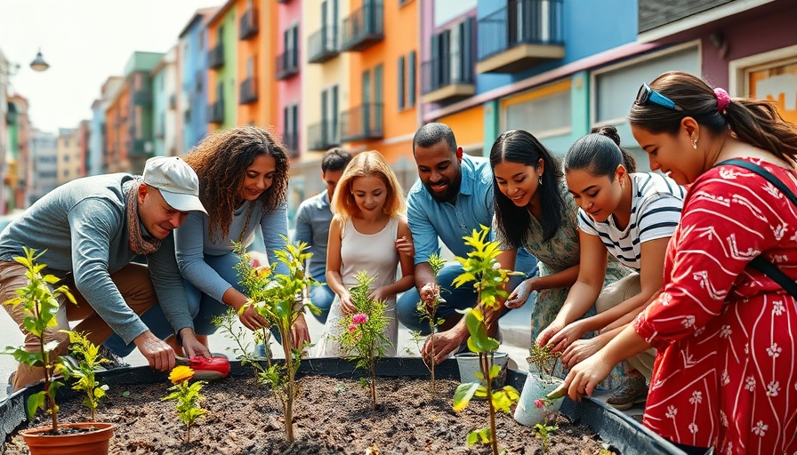 Community street planting project with diverse members planting.