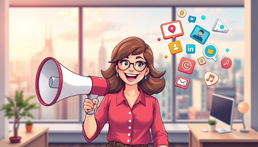 Colorful cartoon woman using project management software for marketing.