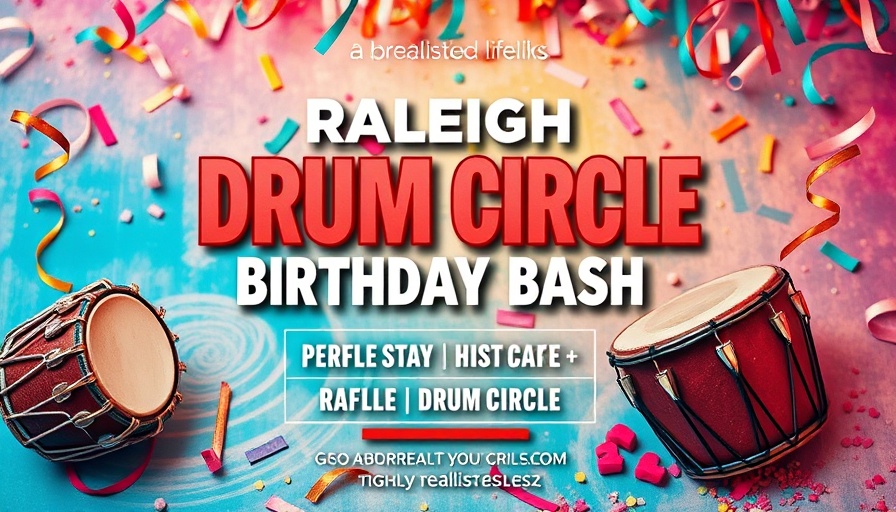 Raleigh Drum Circle Birthday Bash flyer highlighting event details.