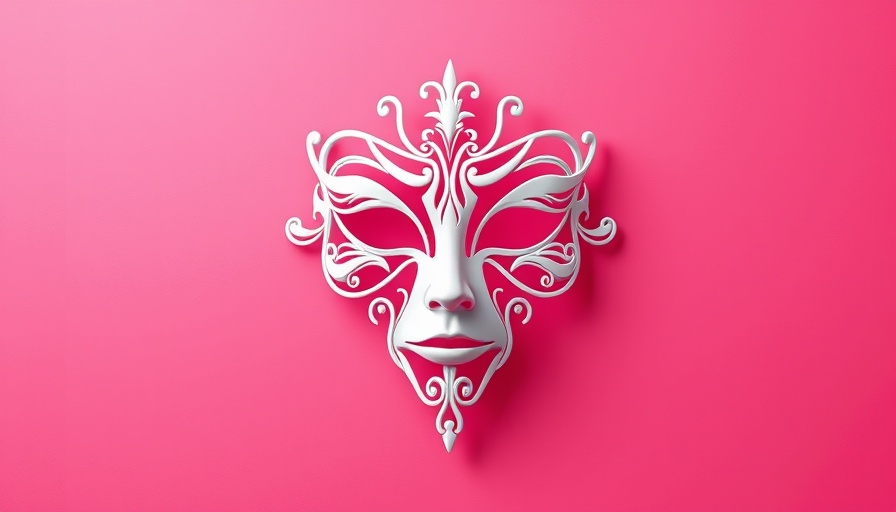 Abstract white theatrical mask on vibrant pink background