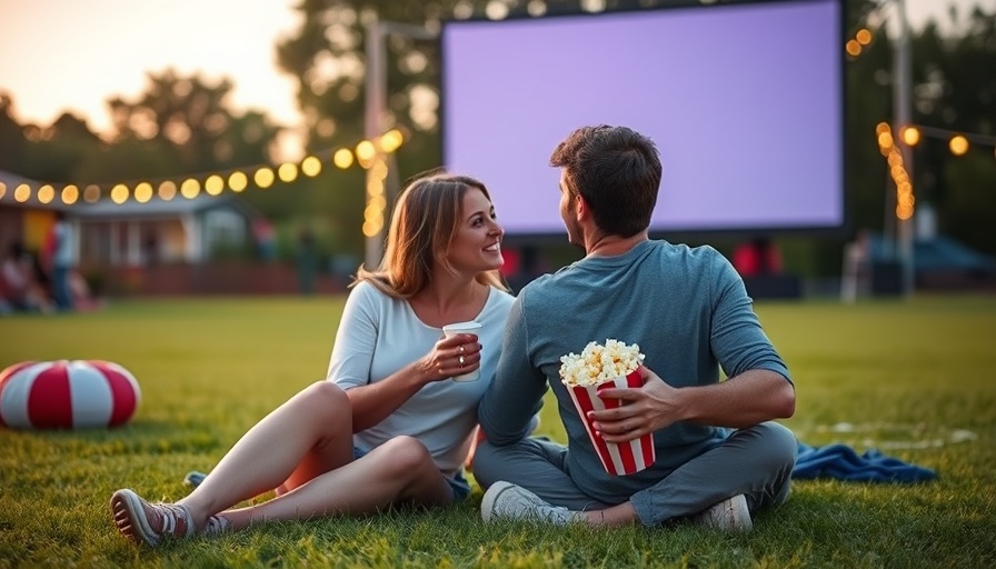 Couple at outdoor movie in Raleigh sharing popcorn.