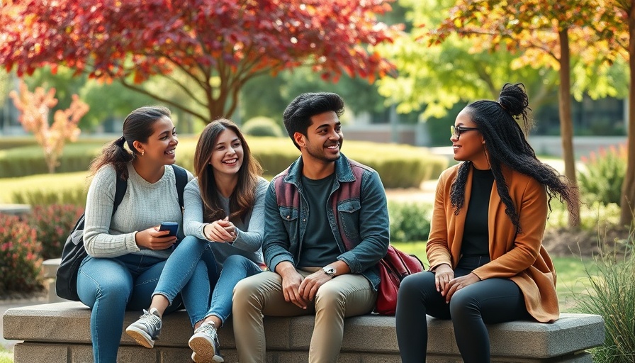 Students on a green campus discussing sustainability.