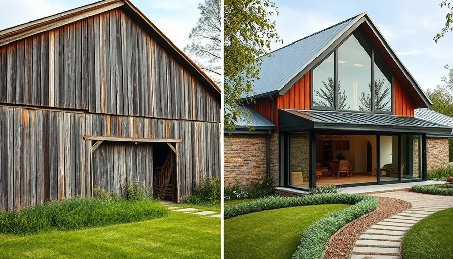 Barn conversions showing old barn and modern transformation side by side.