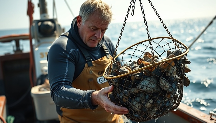 Robust older man on boat with oyster basket, visual storytelling in hospitality.