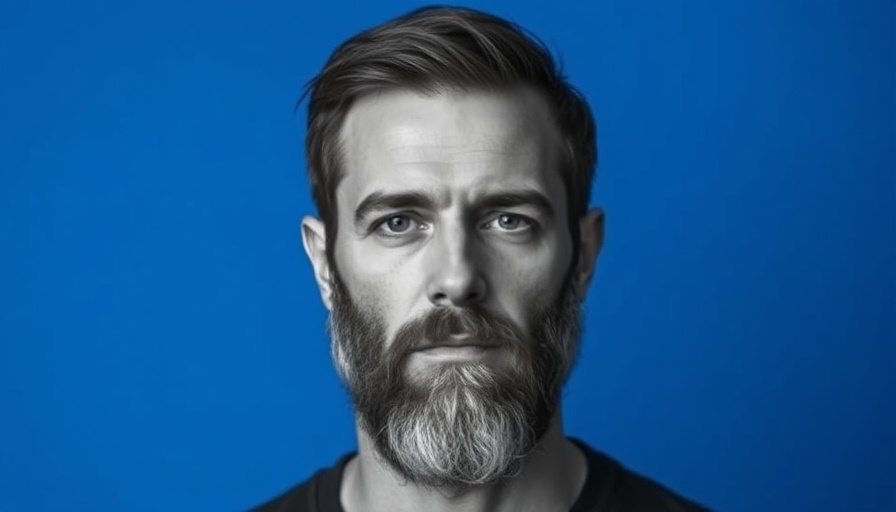 Monochrome portrait of a bearded man on blue background.