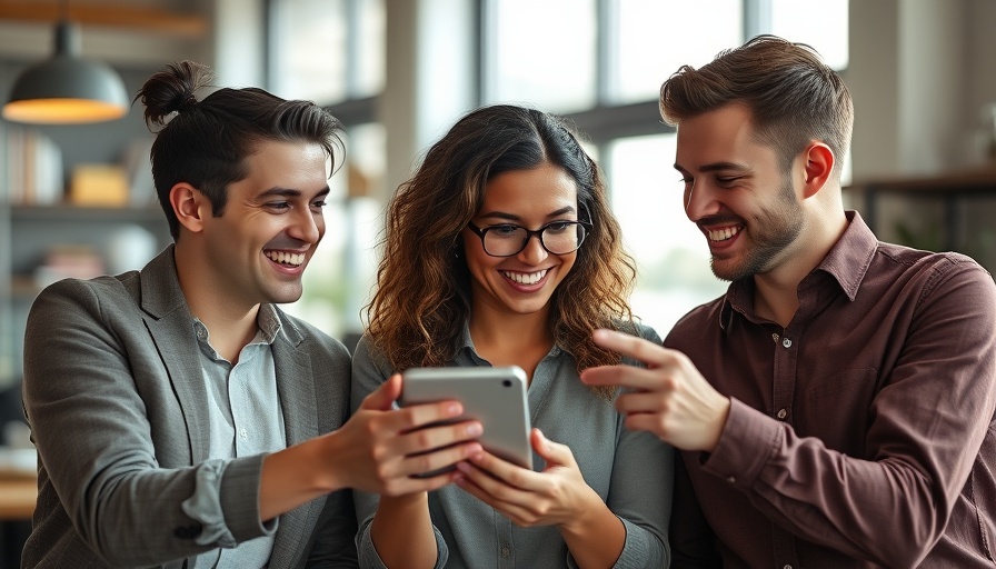 Cheerful team discussing innovative training strategies with a smartphone.