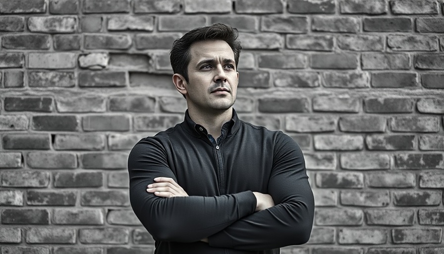 Thoughtful, confident man with crossed arms against brick wall, AI tools for one-person business