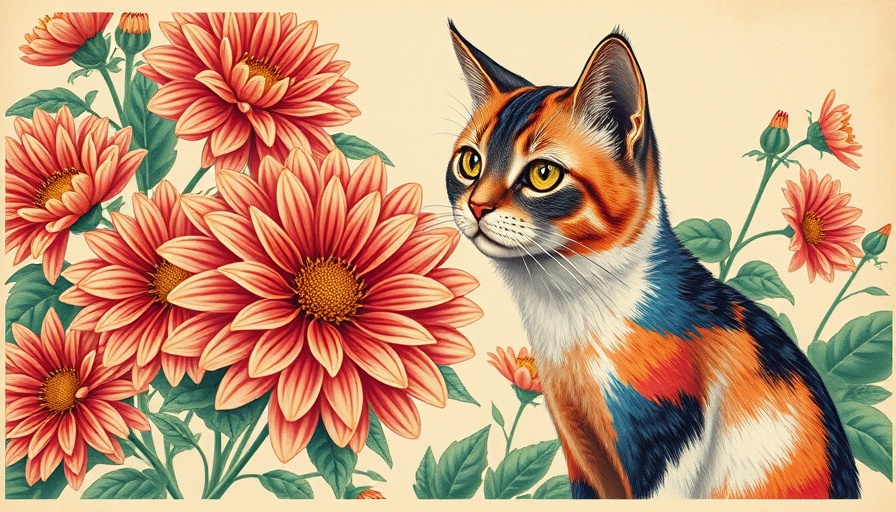 Poster for Magnificent Mums flower show with chrysanthemum and cat illustration