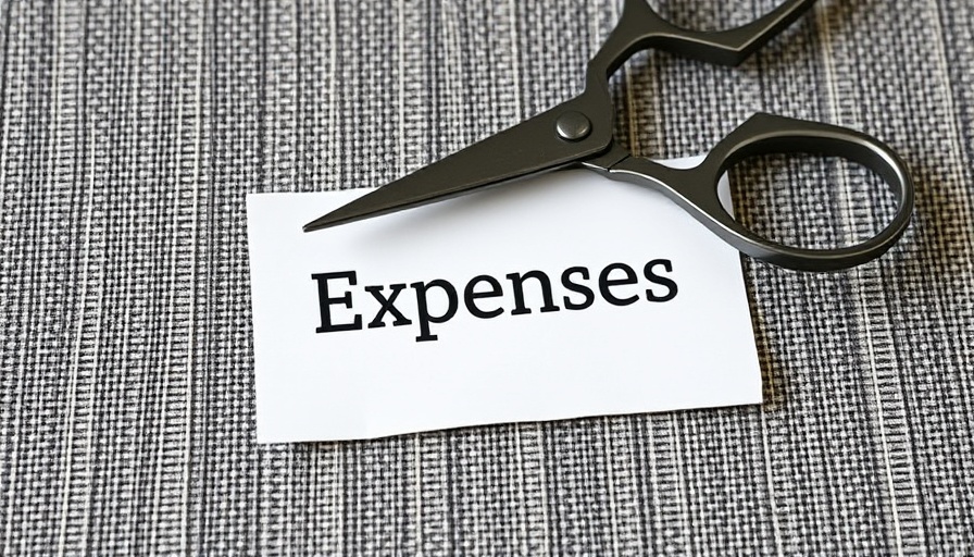 Scissors cutting through 'Expenses' on textured surface, emphasizing cost-cutting strategies.