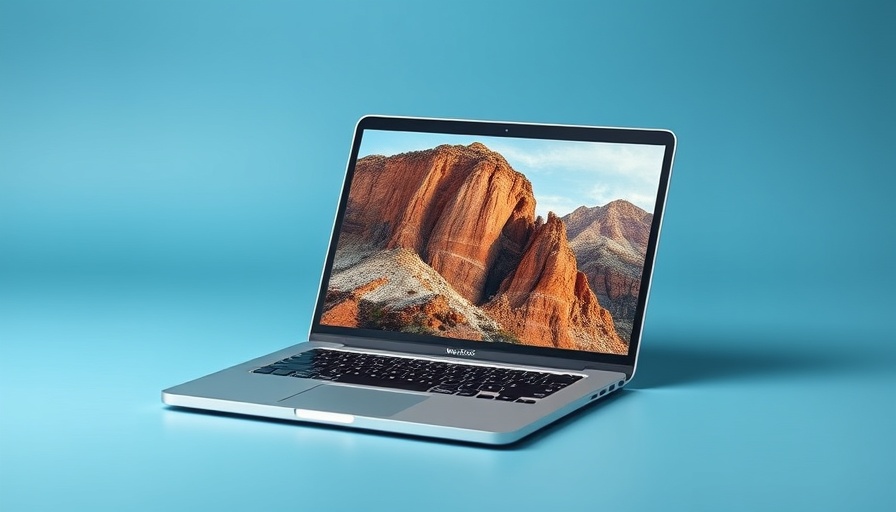 Affordable MacBook Air with vibrant screen on blue background.
