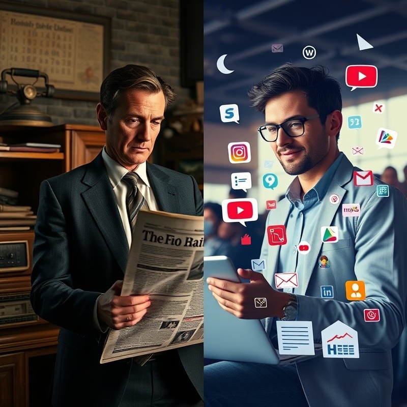 Cinematic split-screen: businessman from the past vs modern entrepreneur thriving online.