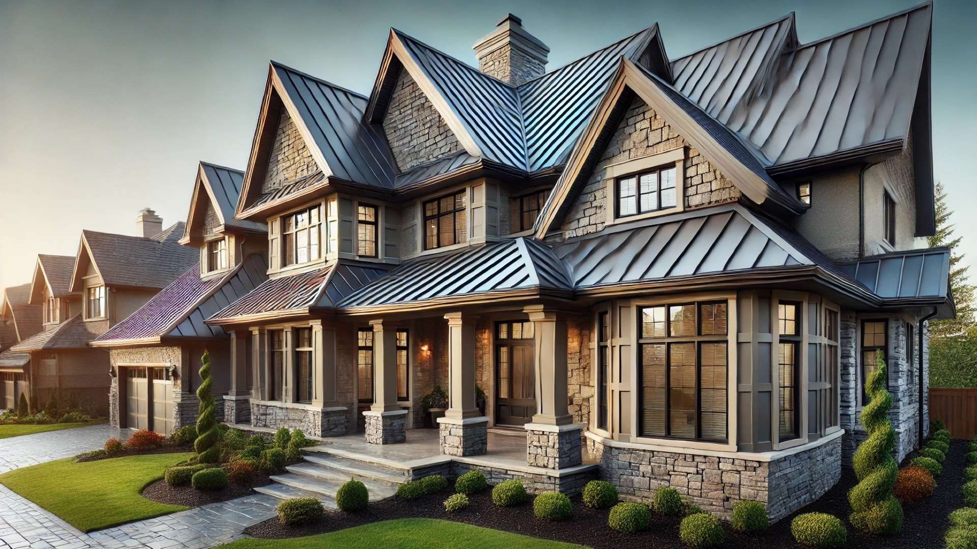 upscale home with a DECRA metal roof, capturing its refined texture, durability, and architectural elegance under bright daylight