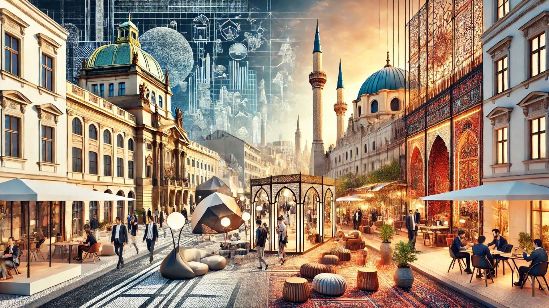 vibrant cityscape blending Prague’s historic charm with Beirut’s contemporary energy