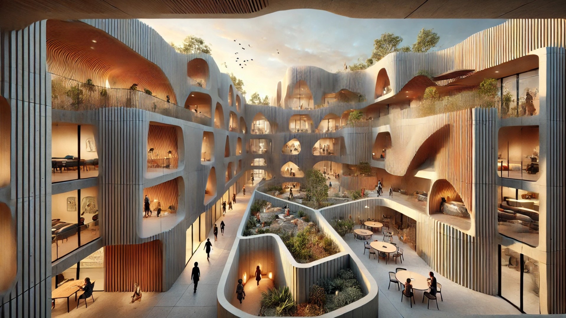 Vitality House + Works in West Leederville, Australia, showcasing its tactile architecture, lush surroundings, and diverse zones for work, rest, and social connection.